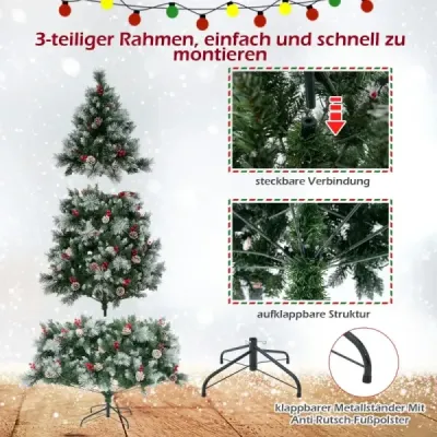 Ø125 x 215 cm Christbaum mit LED-Lichtern Weihnachtsbaum mit Beeren Grün + Weiß