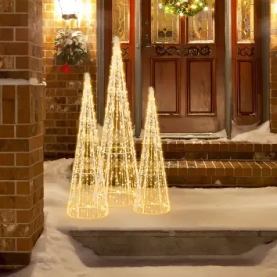 3 LED vánoční stromky ve tvaru kužele s pohádkovými světýlky a hvězdicovými šňůrkami