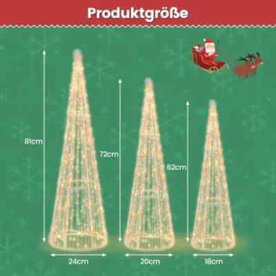 3 LED vánoční stromky ve tvaru kužele s pohádkovými světýlky a hvězdicovými šňůrkami