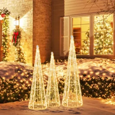 3 LED vánoční stromky ve tvaru kužele s pohádkovými světýlky a hvězdicovými šňůrkami