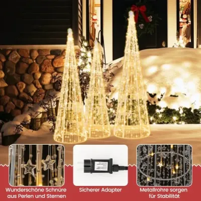 3 LED vánoční stromky ve tvaru kužele s pohádkovými světýlky a hvězdicovými šňůrkami