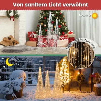 3 LED vánoční stromky ve tvaru kužele s pohádkovými světýlky a hvězdicovými šňůrkami