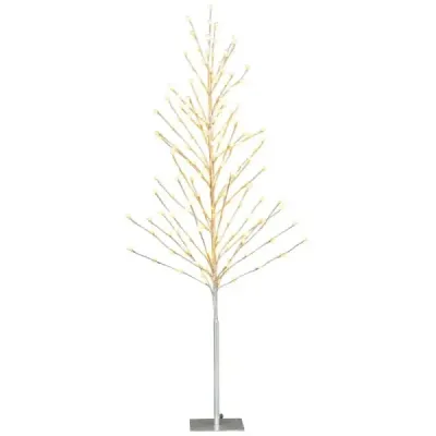 Umělý vánoční stromek se 168 teplými LED světýlky a kovovými kolíky, osvětlený břízový stromek o výšce 150 cm, stříbrný