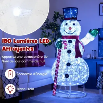 150 cm vysoká osvětlená vánoční dekorace ve tvaru sněhuláka s 180 LED diodami, čepicí a šálou