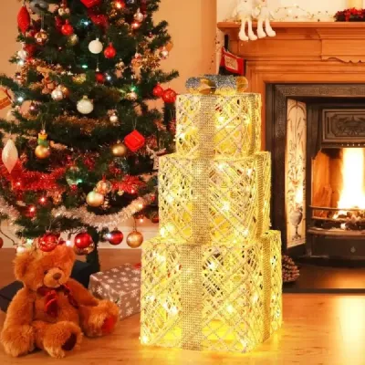 Sada 3 dárkových krabiček LED se 48 teplými bílými světly LED a odnímatelnými mašlemi