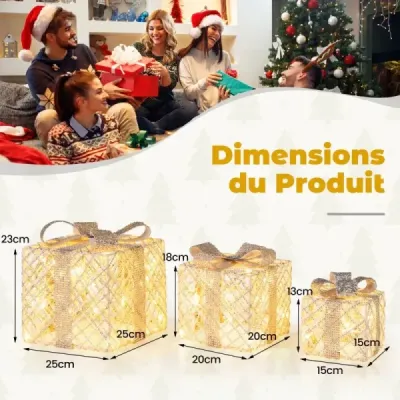 Sada 3 dárkových krabiček LED se 48 teplými bílými světly LED a odnímatelnými mašlemi