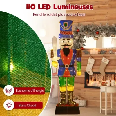 184 cm vysoký voják z Louskáčka s kloboukem a mečem – 3D vánoční dekorace se 110 teplobílými LED diodami, vodotěsná figurka s třpytkami