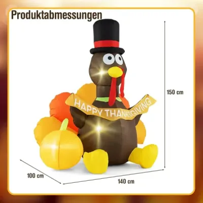 150 cm nafukovací dekorace na díkůvzdání s krocanem a dýní a LED světly