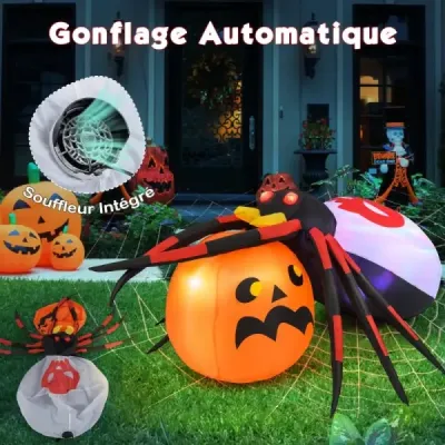 Nafukovací halloweenský pavouk s dýní a rotujícími LED světly Dekorace strašidelného pavouka