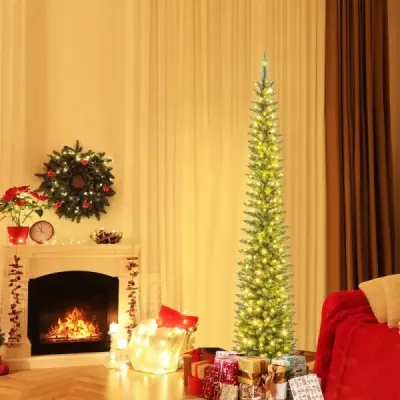 Umělý vánoční stromek s LED světly Tenký vánoční stromek podsvícený slavnostní stromek 210 cm