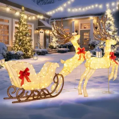 3dílný LED sob se saněmi Osvětlená vánoční figurka soba s 280 teplými bílými LED světýlky