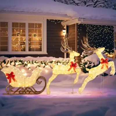3dílný LED sob se saněmi Osvětlená vánoční figurka soba s 280 teplými bílými LED světýlky