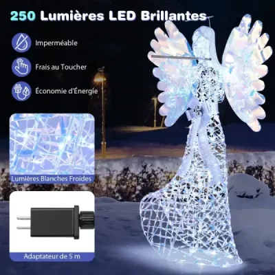 158cm vánoční anděl s 250 studenými bílými LED světly a svatozáří a vánoční dekorací s flétnou