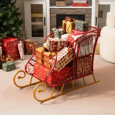 Kovový koš na sáně Santa 2-úrovňové dárkové skladování sáně slavnostní dekorativní sáně vozík červená