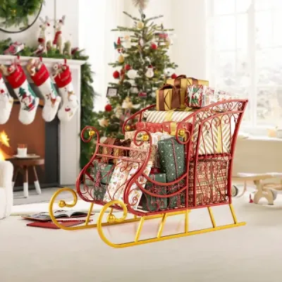 Kovový koš na sáně Santa 2-úrovňové dárkové skladování sáně slavnostní dekorativní sáně vozík červená