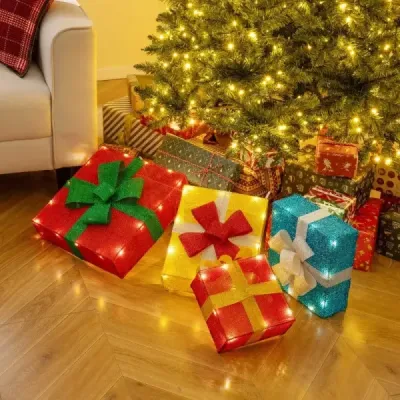 120 cm osvětlené dárkové krabičky, sada 2D vánočních dekorací s LED světly, 4 vánoční dárkové krabičky naskládané na sebe, vícebarevné