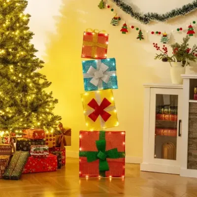 120 cm osvětlené dárkové krabičky, sada 2D vánočních dekorací s LED světly, 4 vánoční dárkové krabičky naskládané na sebe, vícebarevné