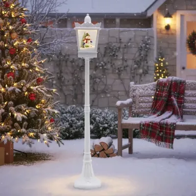 185 cm hudební vánoční pouliční lampa s teplými bílými LED světly a sněhovými efekty, bílá