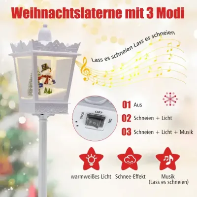 185 cm hudební vánoční pouliční lampa s teplými bílými LED světly a sněhovými efekty, bílá