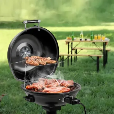 Elektrický gril BBQ, přenosný stojan s odnímatelným nepřilnavým roštem, černý