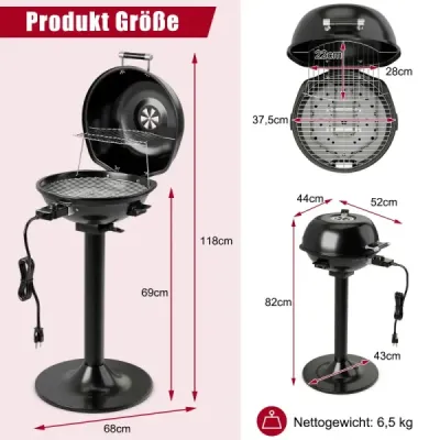 Elektrický gril BBQ, přenosný stojan s odnímatelným nepřilnavým roštem, černý