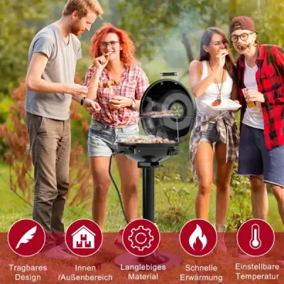 Elektrický gril BBQ, přenosný stojan s odnímatelným nepřilnavým roštem, černý