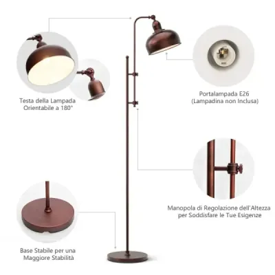 Stojací lampa s nastavitelnou výškou a hlavou lampy a kovovým rámem Čtecí lampa Stojací lampa