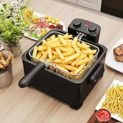 Fritéza 1700 W, elektrická fritéza 5 l, fritovací hrnec s 1 velkým a 2 malými košíky, černá