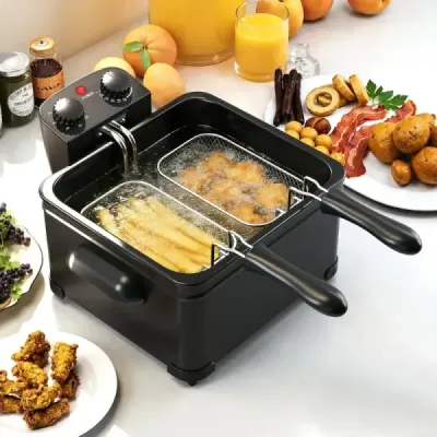 Fritéza 1700 W, elektrická fritéza 5 l, fritovací hrnec s 1 velkým a 2 malými košíky, černá