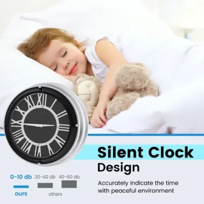 ? 45 cm Tiché nástěnné hodiny se stříbrným rámem a římským ciferníkem bez tíkání ? 45 cm