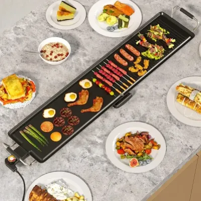 Gril Teppanyaki 1800W Elektrická grilovací deska s nepřilnavým povrchem, nastavitelným termostatem teploty a odkapávací miskou na tuk 100 cm