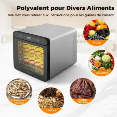 600W dehydrátor se 7 zásobníky z nerezové oceli Dehydrátor s časovačem 24 hodin a 30-75 ℃ 34 x 40,5 x 32 cm