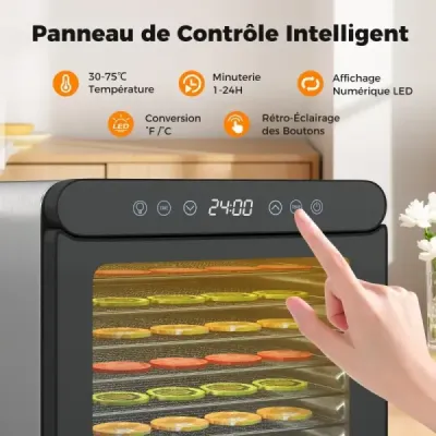 600W dehydrátor se 7 zásobníky z nerezové oceli Dehydrátor s časovačem 24 hodin a 30-75 ℃ 34 x 40,5 x 32 cm