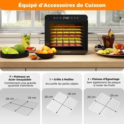600W dehydrátor se 7 zásobníky z nerezové oceli Dehydrátor s časovačem 24 hodin a 30-75 ℃ 34 x 40,5 x 32 cm