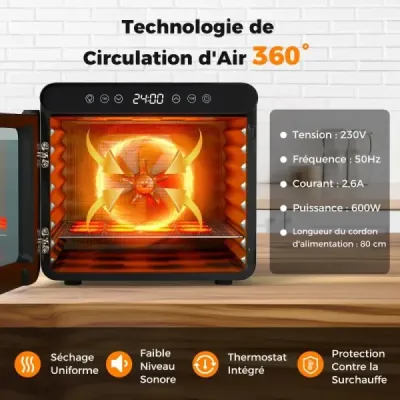 600W dehydrátor se 7 zásobníky z nerezové oceli Dehydrátor s časovačem 24 hodin a 30-75 ℃ 34 x 40,5 x 32 cm