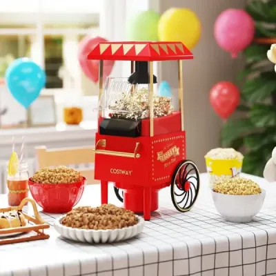 Retro stroj na popcorn 1200 W, horkovzdušný přístroj na popcorn s odměrkou 67 ml, bez oleje, červený