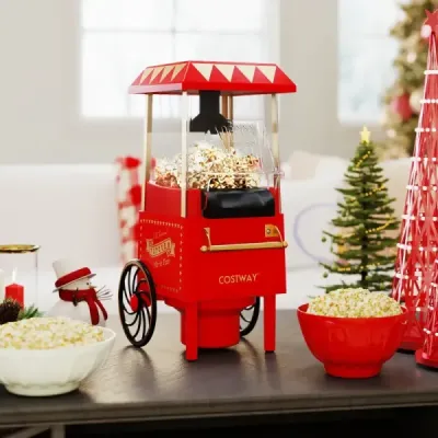 Retro stroj na popcorn 1200 W, horkovzdušný přístroj na popcorn s odměrkou 67 ml, bez oleje, červený