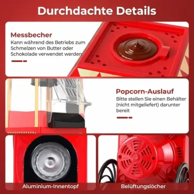 Retro stroj na popcorn 1200 W, horkovzdušný přístroj na popcorn s odměrkou 67 ml, bez oleje, červený