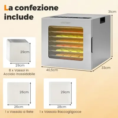 Sušička potravin 850 W s 8 tácy, 48hodinovým časovačem a regulací teploty 35–75 °C, stříbrná