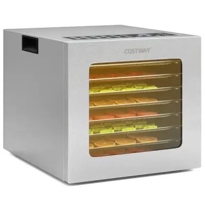 Sušička potravin 850 W s 8 tácy, 48hodinovým časovačem a regulací teploty 35–75 °C, stříbrná