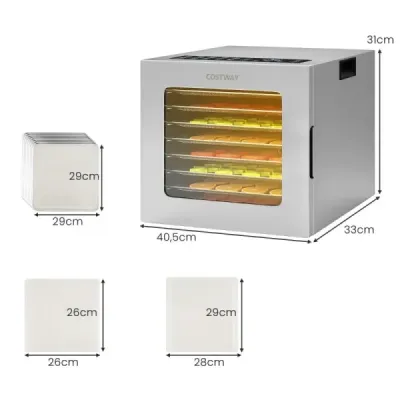 Sušička potravin 850 W s 8 tácy, 48hodinovým časovačem a regulací teploty 35–75 °C, stříbrná