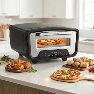 Elektrická pec na pizzu s výkonem 1700 W pro pizzy o průměru 30 cm, přístroj na pizzu s 8 programy a dotykovým displejem