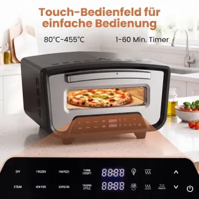 Elektrická pec na pizzu s výkonem 1700 W pro pizzy o průměru 30 cm, přístroj na pizzu s 8 programy a dotykovým displejem