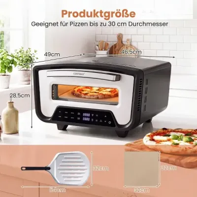 Elektrická pec na pizzu s výkonem 1700 W pro pizzy o průměru 30 cm, přístroj na pizzu s 8 programy a dotykovým displejem