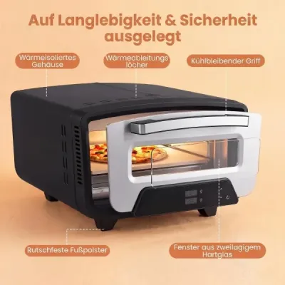 Elektrická pec na pizzu s výkonem 1700 W pro pizzy o průměru 30 cm, přístroj na pizzu s 8 programy a dotykovým displejem