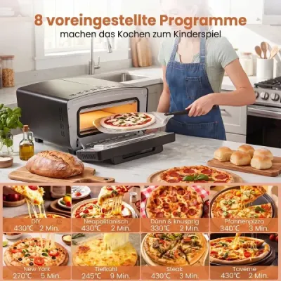 Elektrická pec na pizzu s výkonem 1700 W pro pizzy o průměru 30 cm, přístroj na pizzu s 8 programy a dotykovým displejem