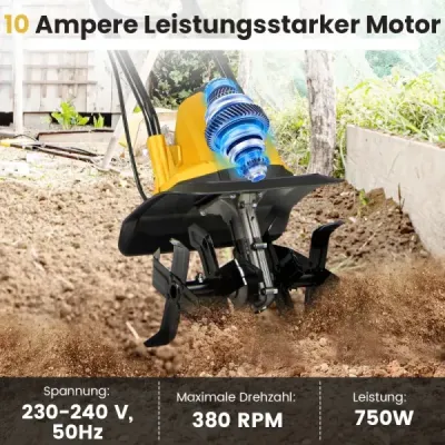 Elektrický kultivátor 750 W | Pracovní šířka 32 cm | Pracovní hloubka 22 cm | 380 ot./min Elektrický kultivátor s jističem 32,5 x 24 x 138 cm Žlutý