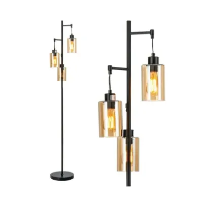 164cm stojací lampa se 3 závěsnými jantarovými skleněnými stínidly, nožním vypínačem a kovovou základnou Stojací lampa