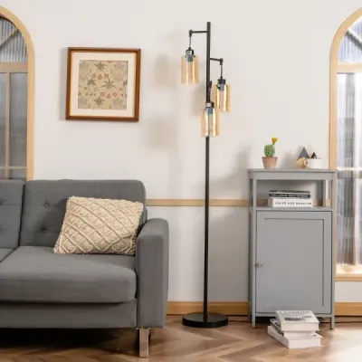 164cm stojací lampa se 3 závěsnými jantarovými skleněnými stínidly, nožním vypínačem a kovovou základnou Stojací lampa
