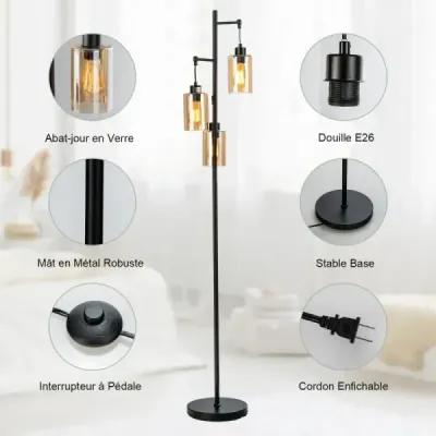 164cm stojací lampa se 3 závěsnými jantarovými skleněnými stínidly, nožním vypínačem a kovovou základnou Stojací lampa